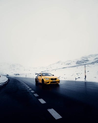 car, sports car, yellow, road, snow, mobile wallpaper, android wallpaper, iPhone wallpaper, phone wallpaper