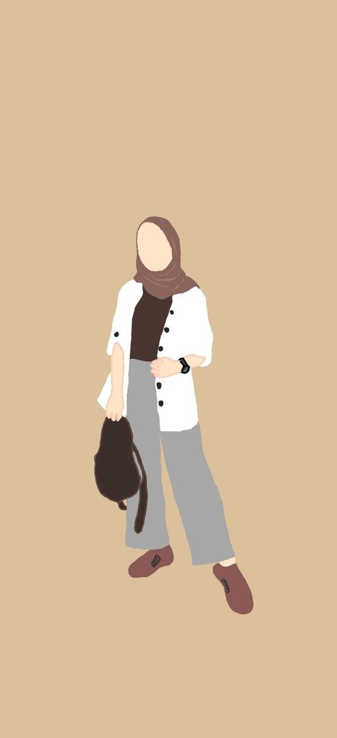 Woman wearing a brown hijab, white shirt, and grey pants carries a leather bag against a beige background.