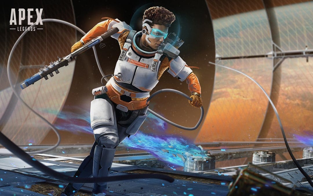 Bangalore in a white and orange space suit slides across a futuristic platform with blue energy trails.