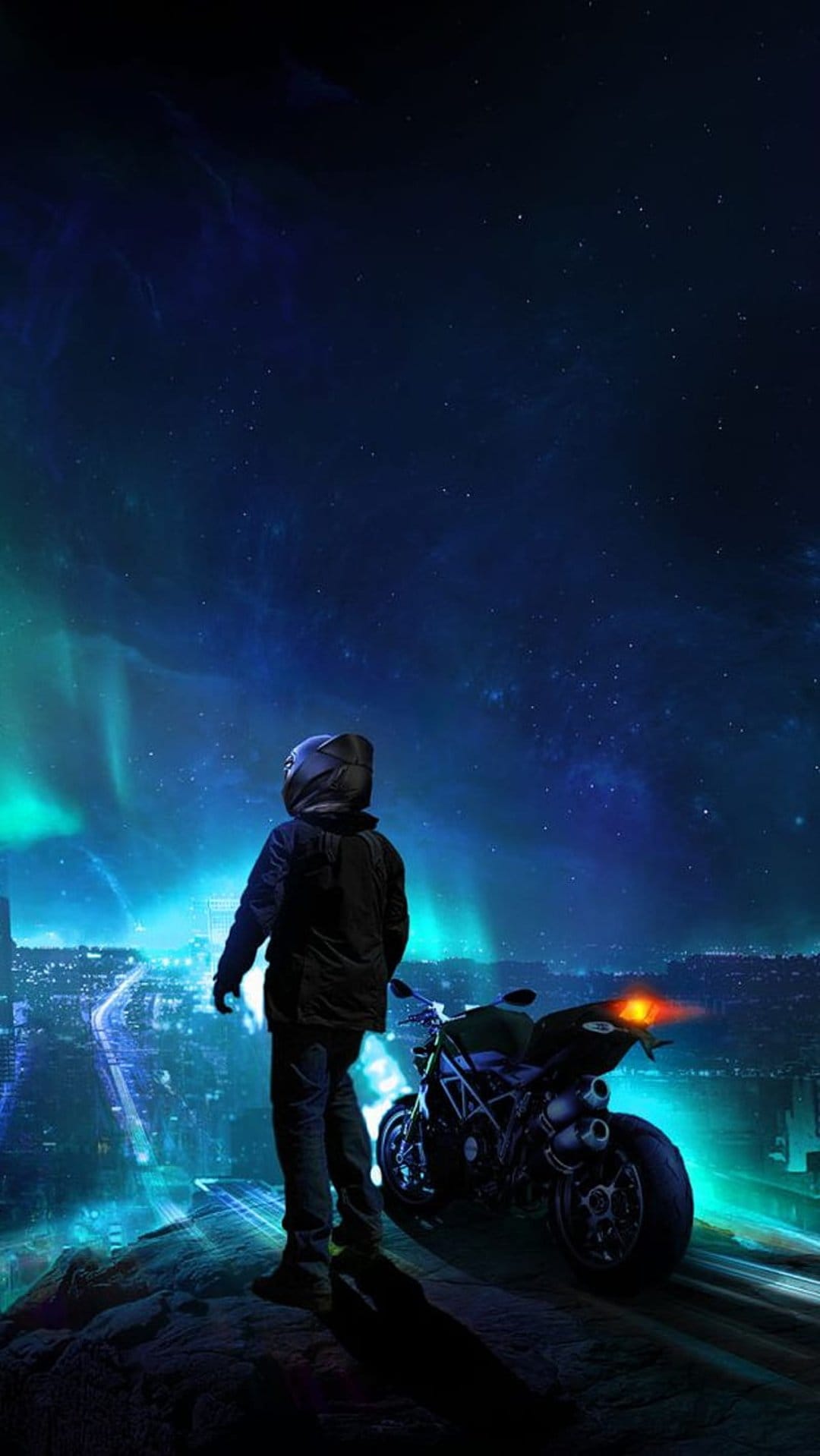Motorcyclist with a helmet stands by a bike on a cliff overlooking a neon city under a green aurora borealis.