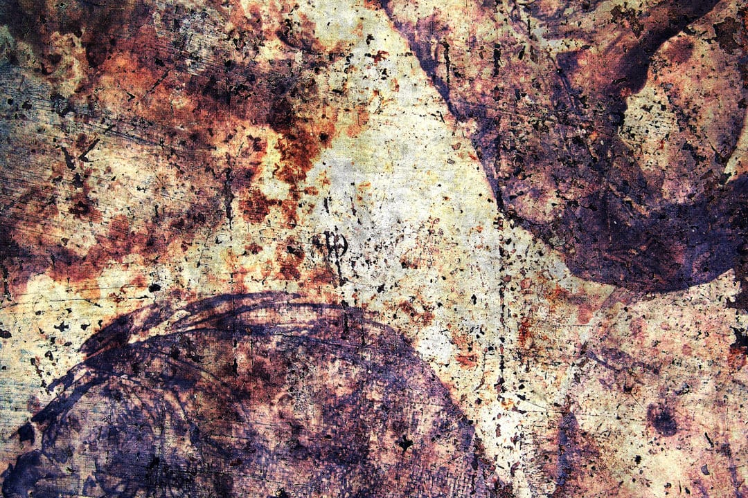 Rusty orange and beige flaking metal surface with dark purple shadows creates an organic vertical pattern.