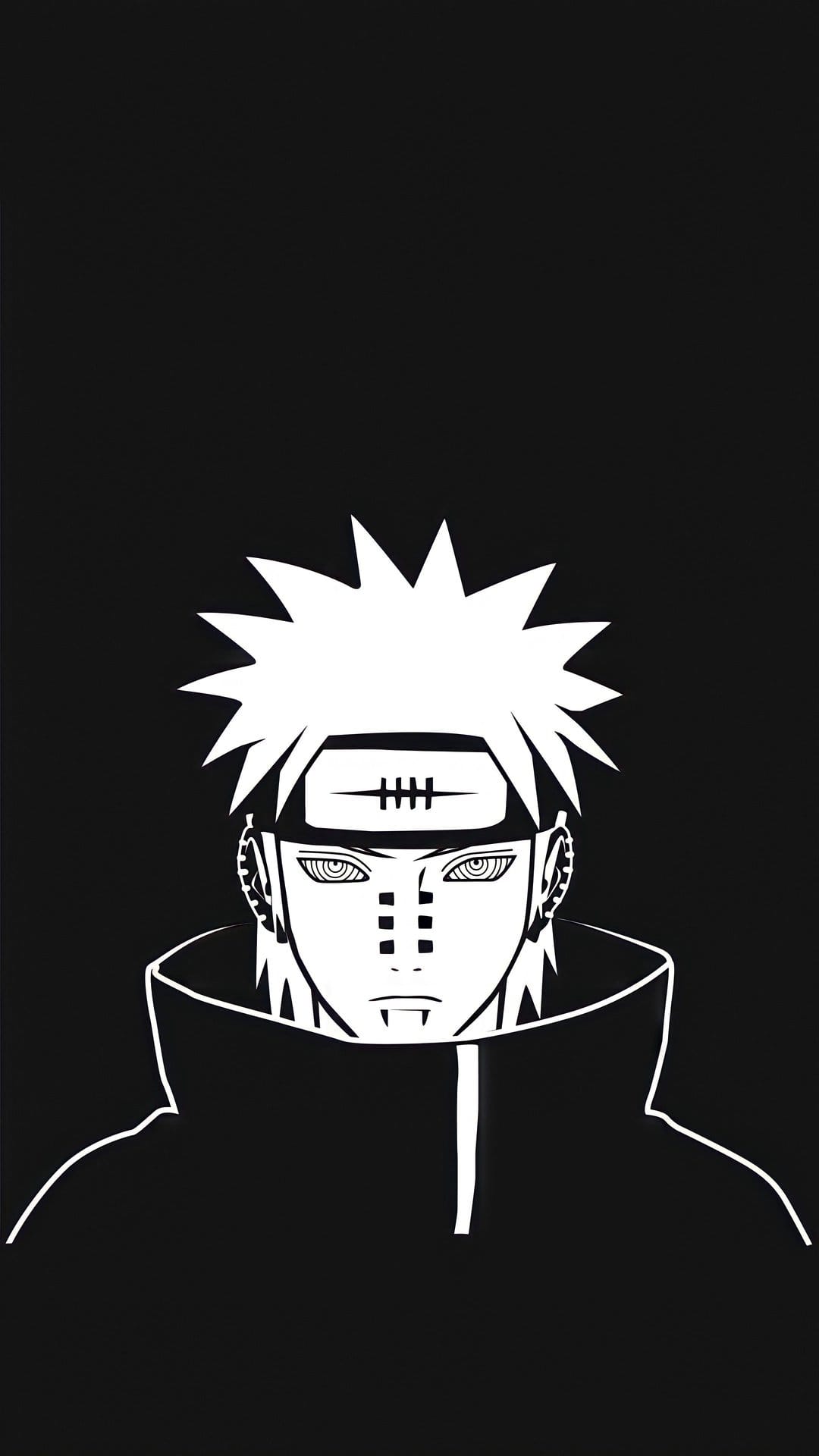 Pain stares forward with Rinnegan eyes while wearing a slashed leaf headband and Akatsuki high collar cloak.