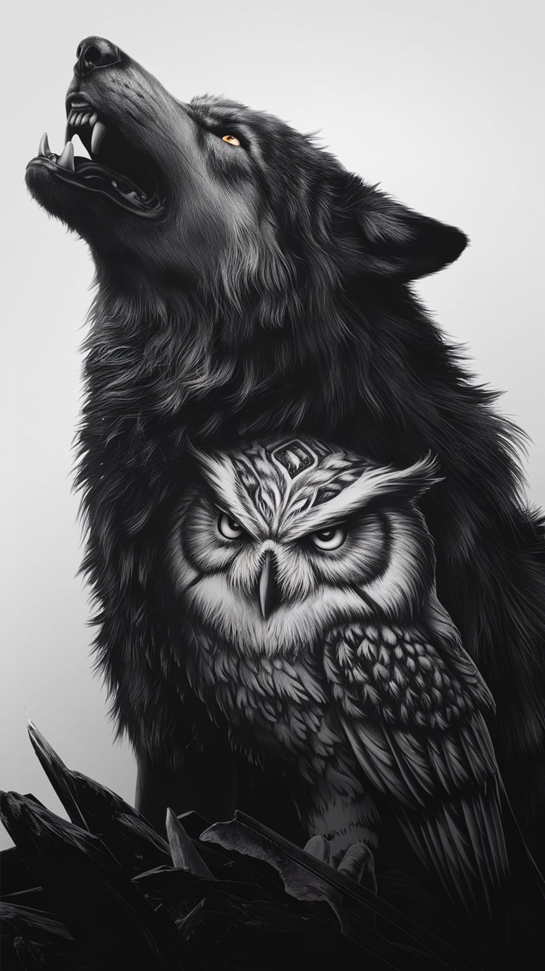 Wolf howling with yellow eyes above an owl perched on dark branches, set against a black background.
