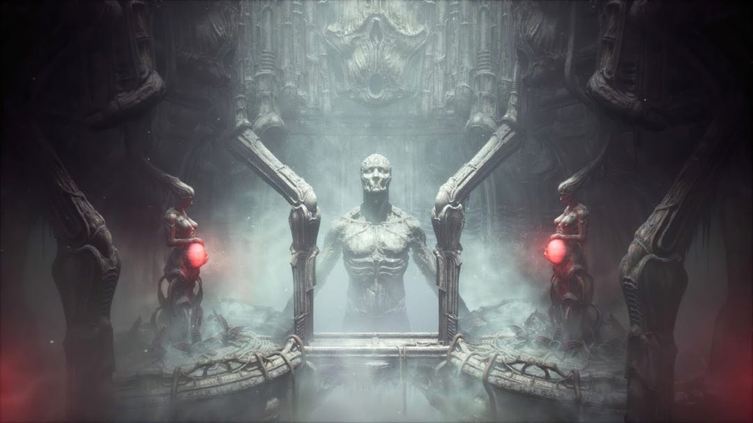 Skeletal humanoid statue centered between two biomechanical figures holding glowing red orbs in a misty dark hall.
