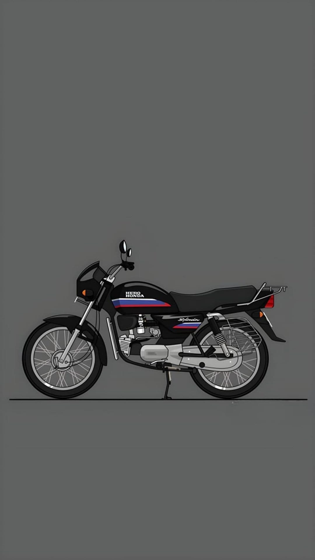 Black Hero Honda Splendor motorcycle with red and blue decals parked against a solid light gray background.