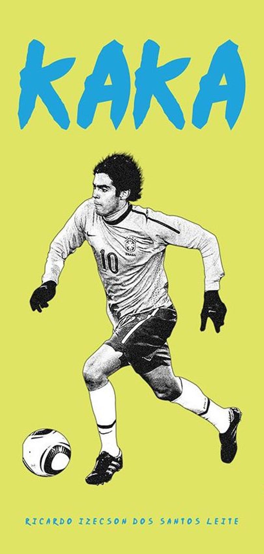 Kaka in a yellow Brazil number ten jersey dribbling a soccer ball against a solid bright background.
