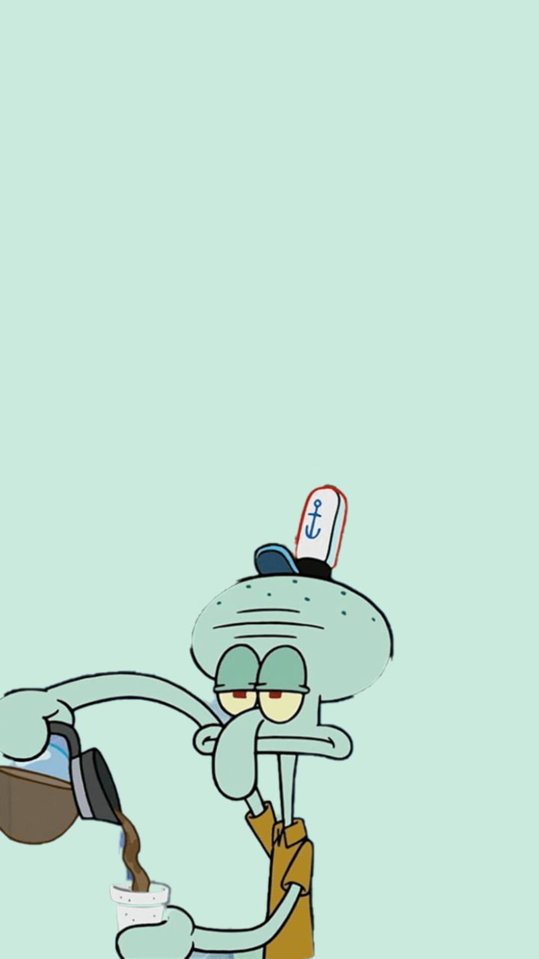 Squidward Tentacles wears an anchor hat while pouring coffee with an exhausted expression on a blue background.