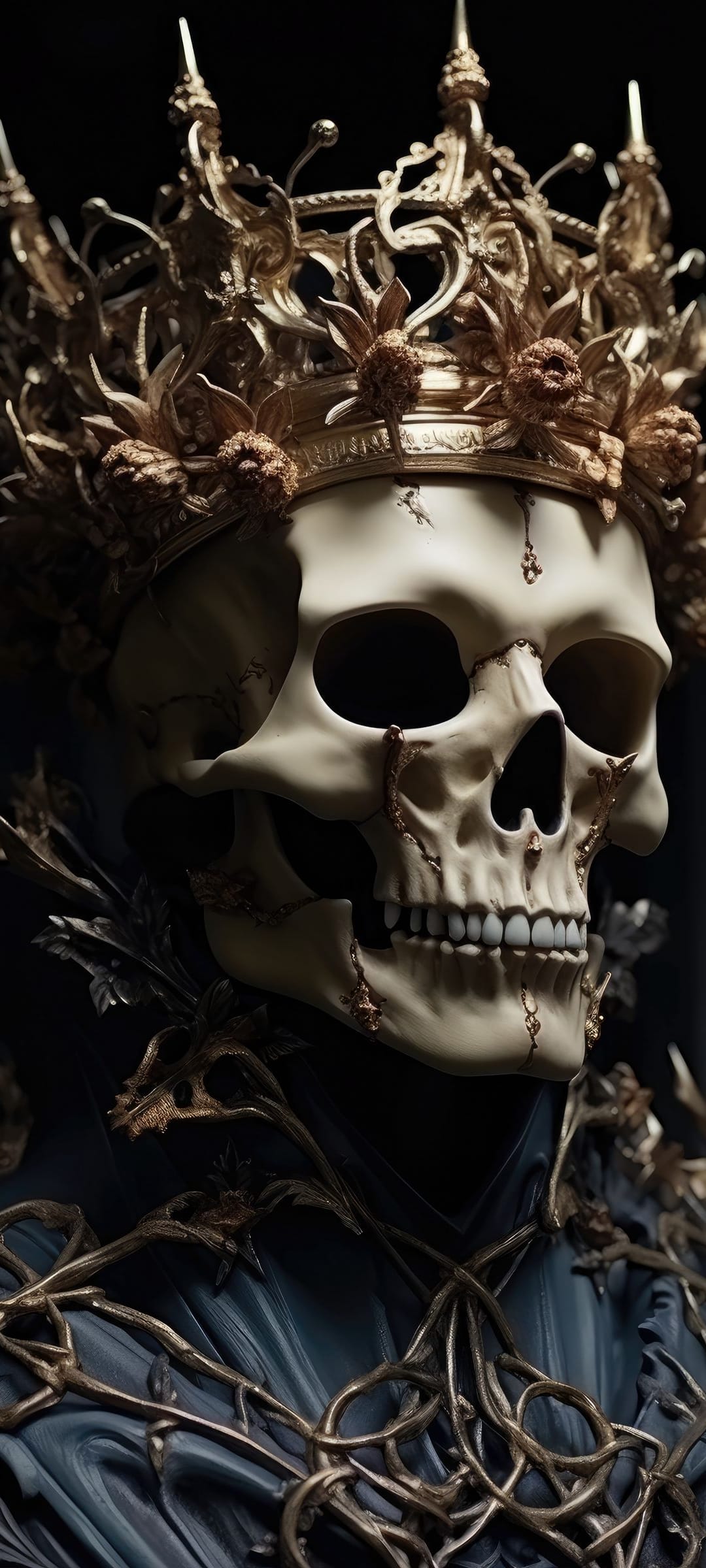 Human skull wearing a spiked gold crown surrounded by dark climbing vines and intricate floral metalwork.