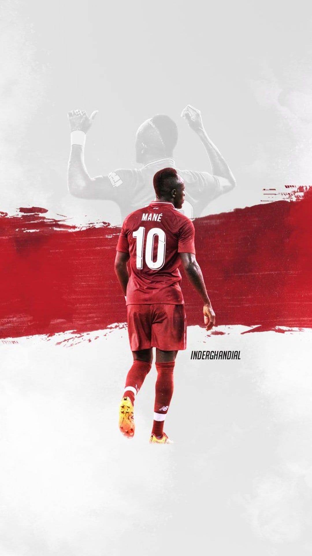 Sadio Mane in a red number 10 Liverpool kit with a celebratory silhouette behind him on a crimson backdrop.