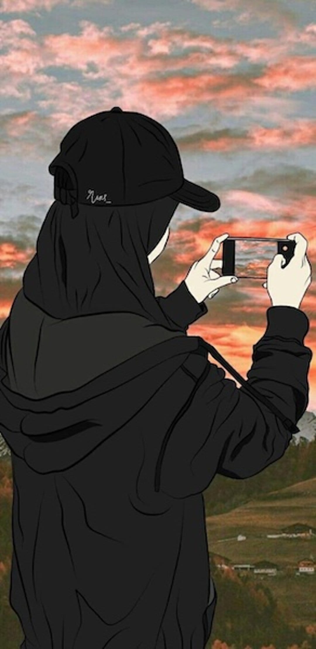 Woman in a black hijab and baseball cap takes a smartphone photo of a cloudy orange sunset over rolling hills.