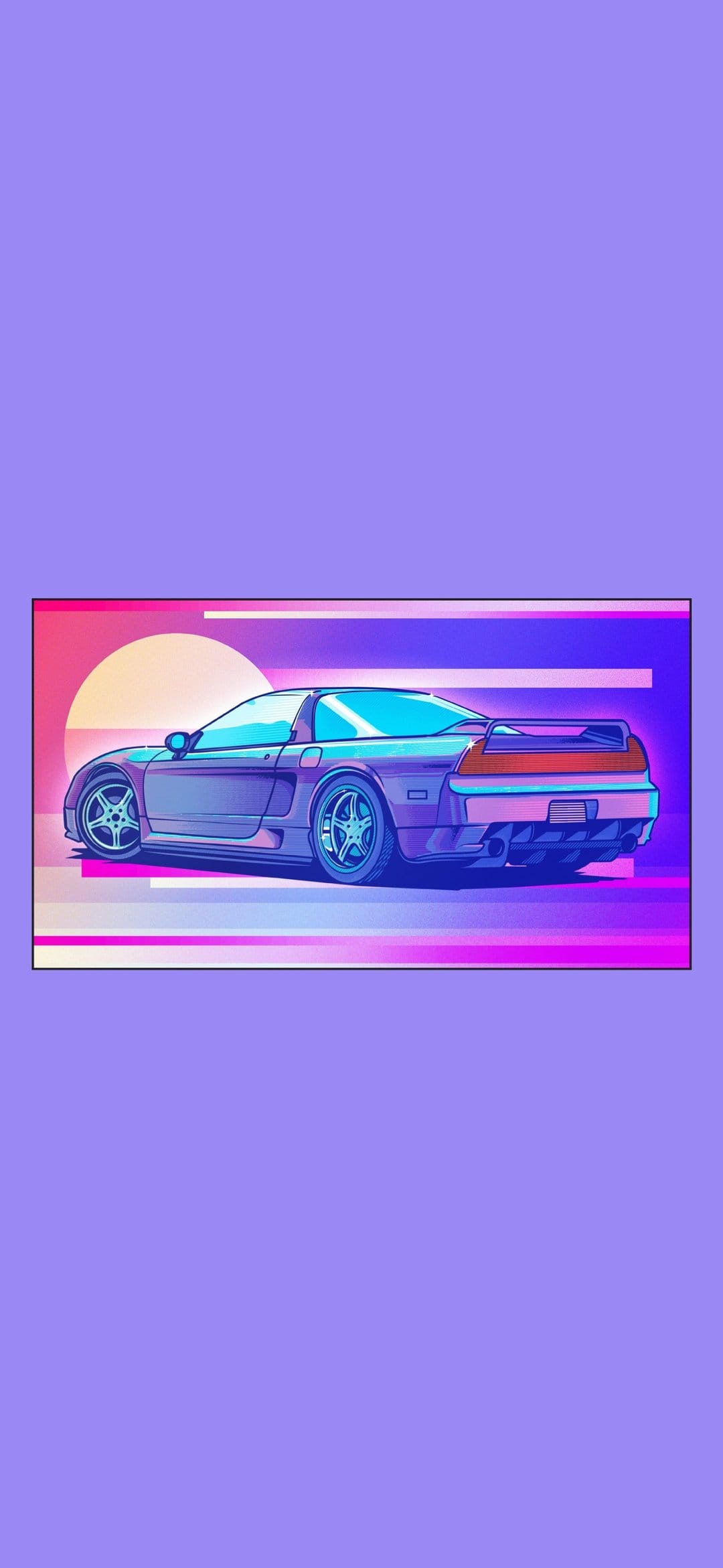 Sleek purple sports car positioned before a glowing pink sun and orange horizon on a solid violet background.