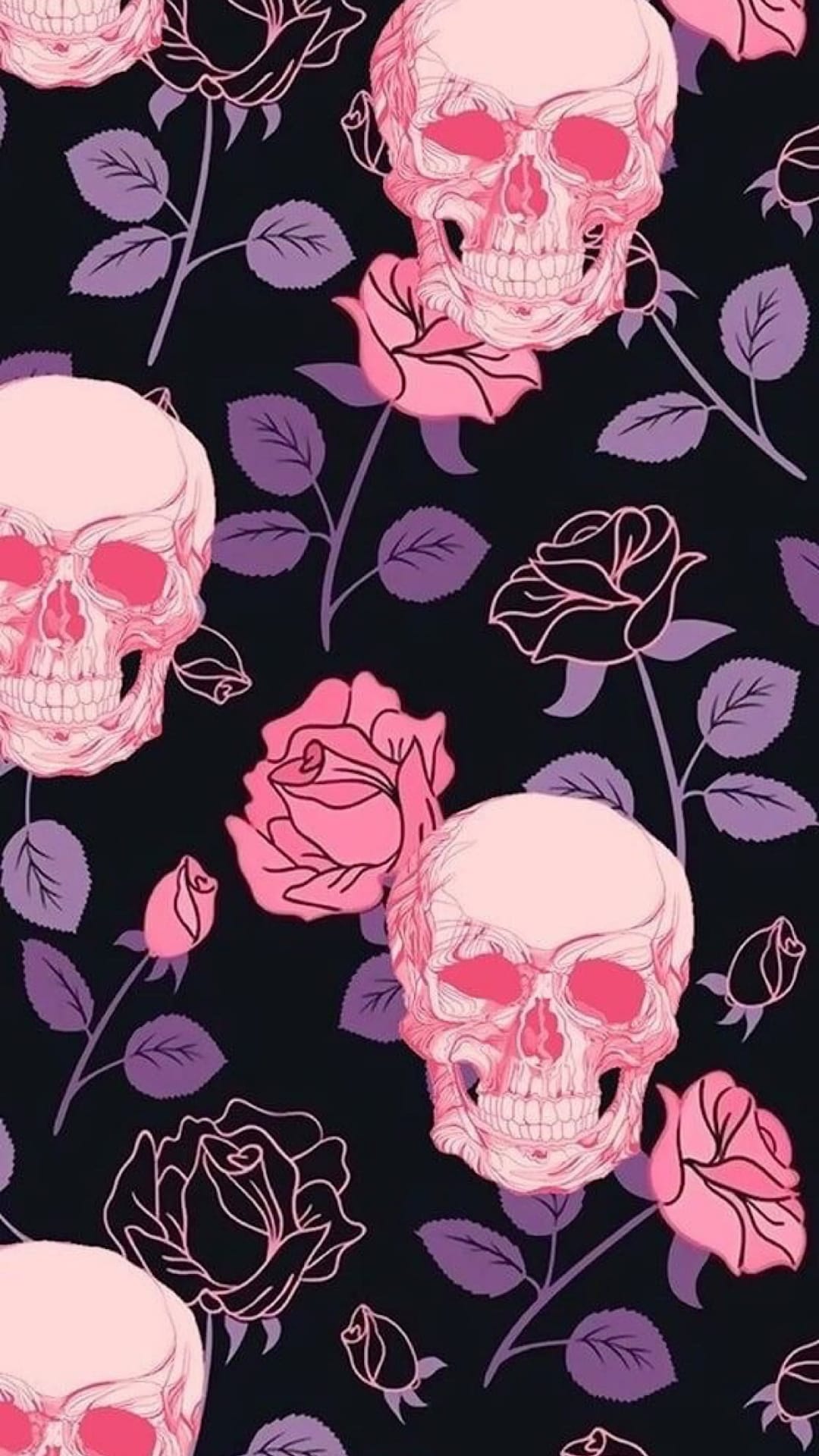 Pale pink skulls with bright magenta eye sockets and purple roses repeat across a dark black background.