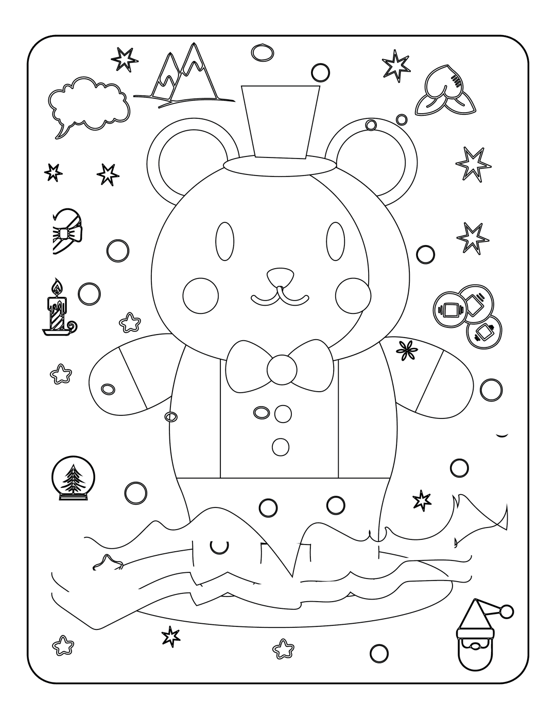 Teddy bear coloring page featuring a bear in a top hat and bowtie near a snow globe and Santa illustration.