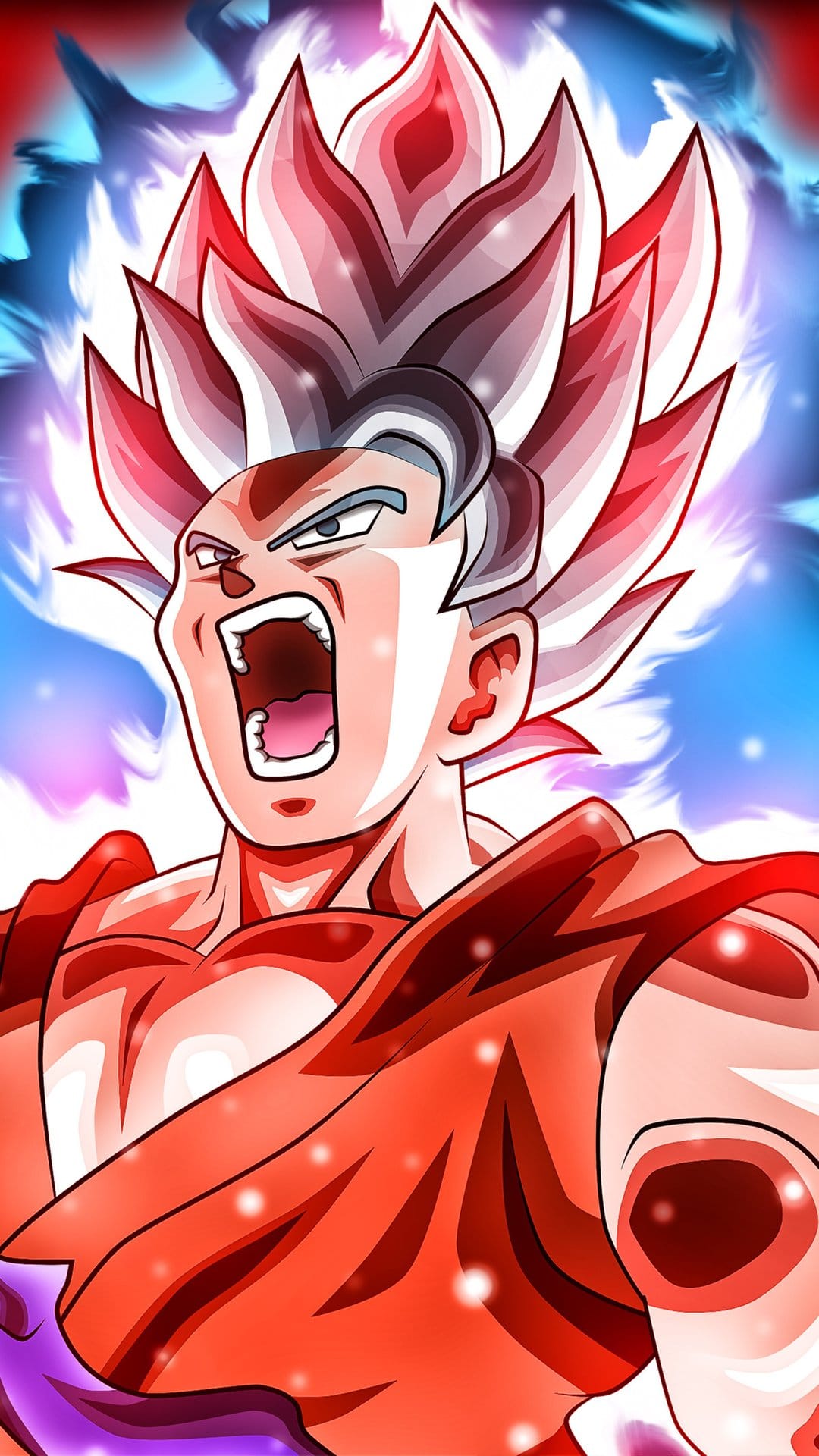 Goku roars with fiery red hair against a glowing blue and white energy aura in this vertical mobile composition.