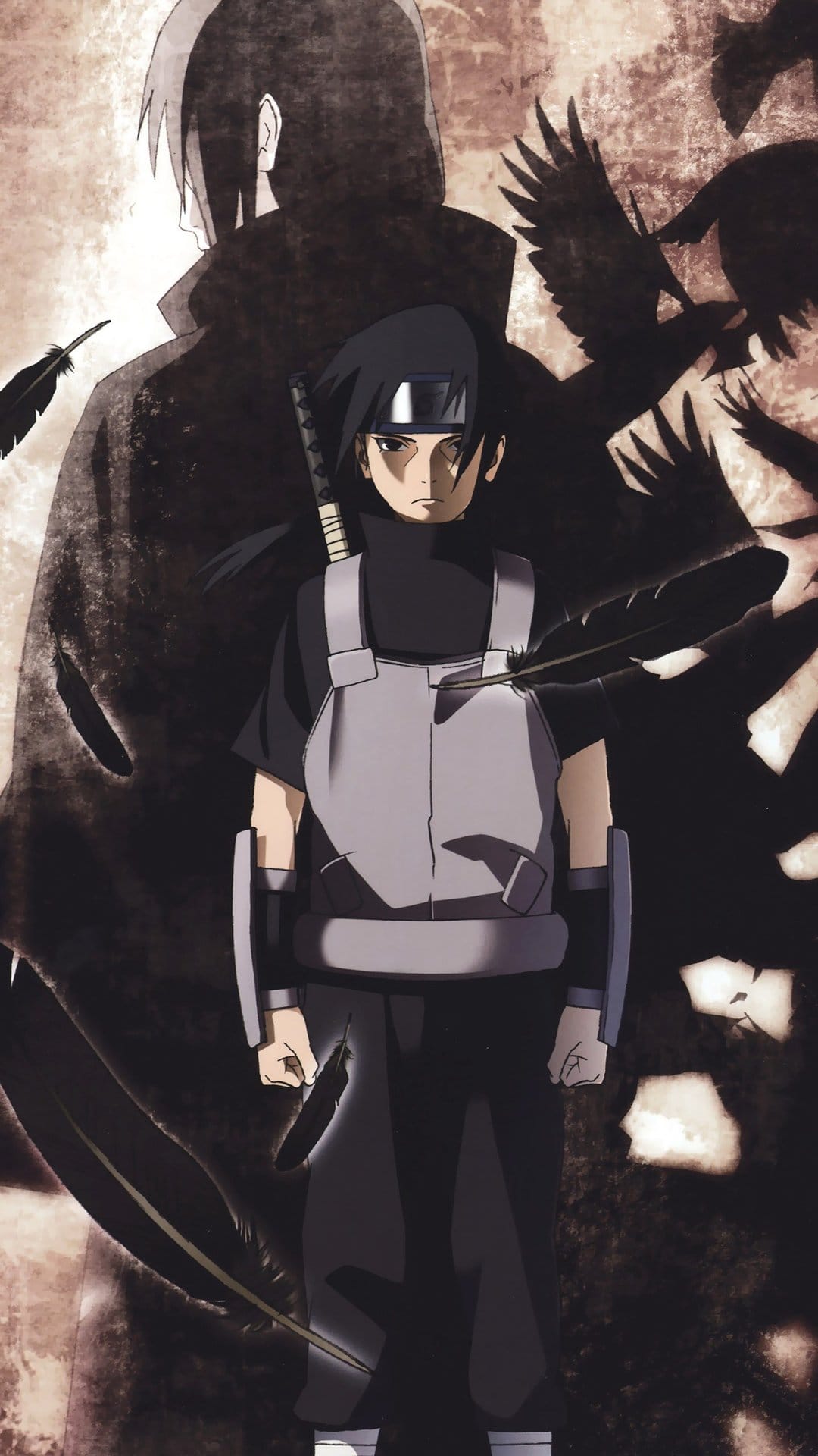 Itachi Uchiha as a child stands before a dark silhouette with black crows and feathers on a vintage background.