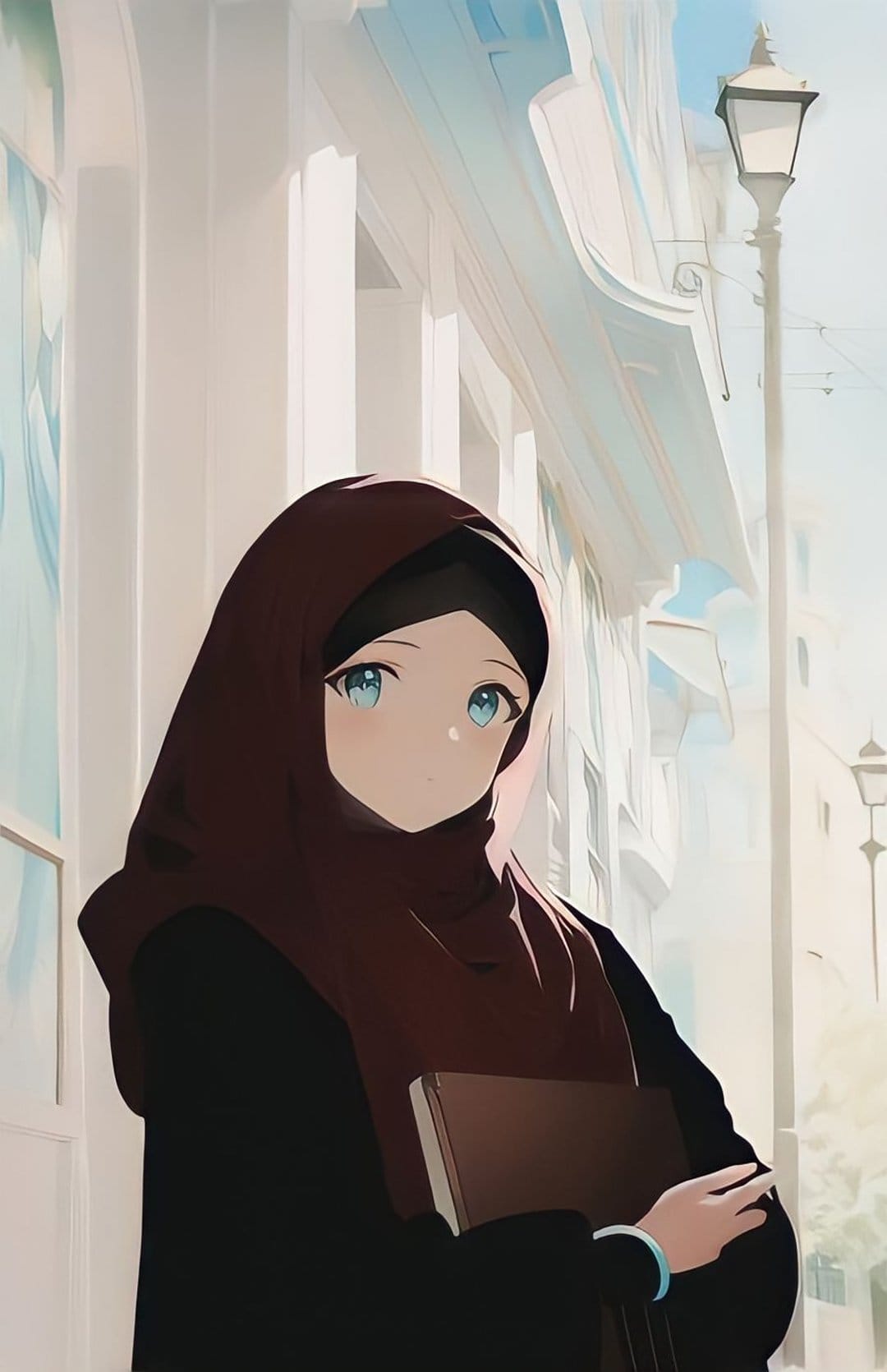 Young woman in a red hijab holding a book with piercing blue eyes against a soft-focus urban background.