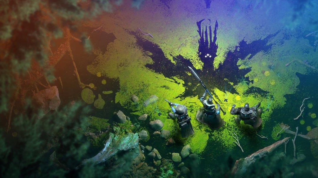 Three armored figures stand in a green algae-covered marsh facing a giant dark shadow with three glowing eyes.