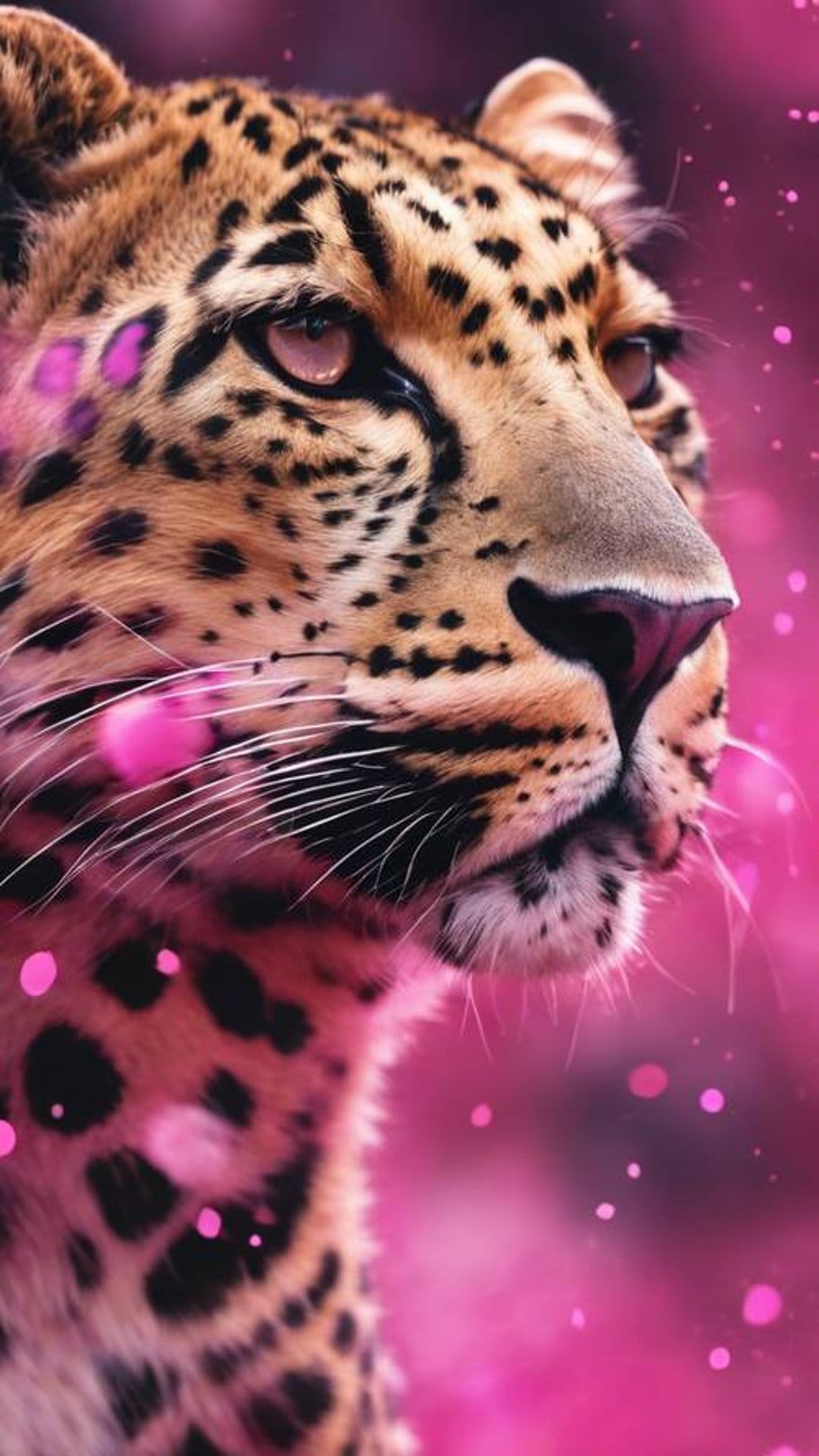 Leopard face with spotted fur and intense eyes set against a soft backdrop of glowing pink light orbs.