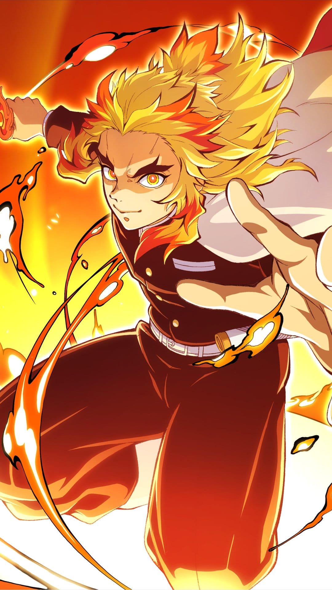 Kyojuro Rengoku with flaming yellow hair stands amidst swirling orange and red fire in a dynamic action pose.