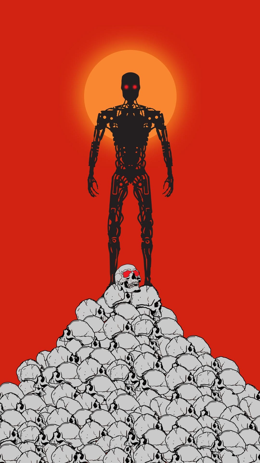 Robotic endoskeleton with red eyes stands on a pile of human skulls against a large orange setting sun.