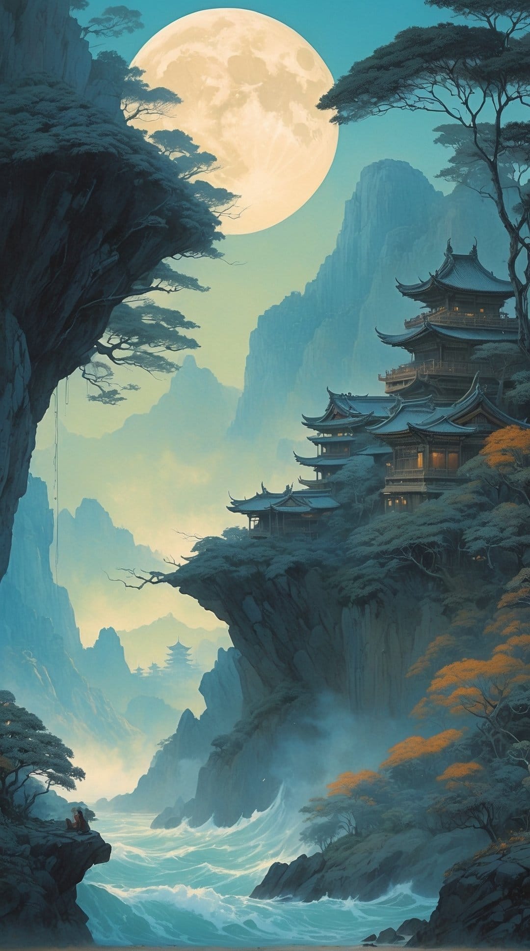 East Asian pagoda on a misty cliff above turquoise water under a massive glowing full moon in a night sky.