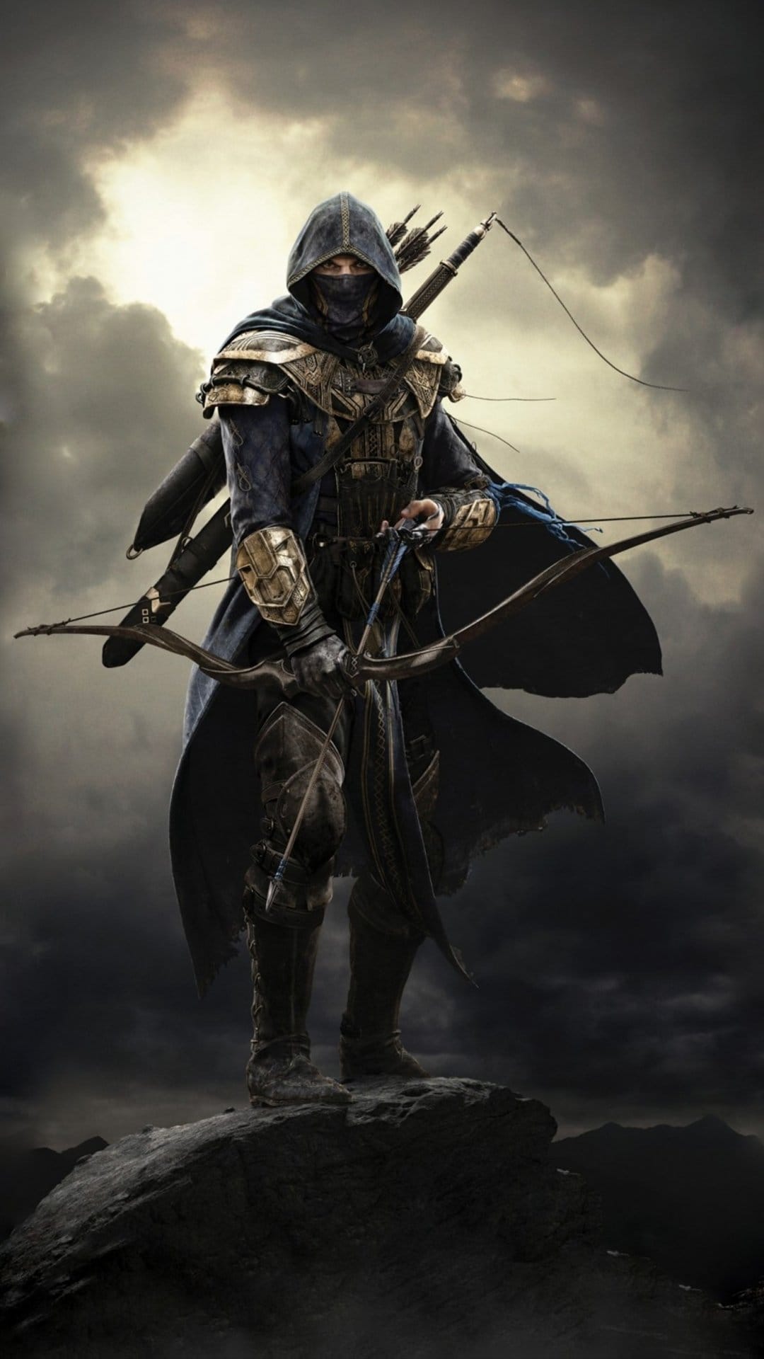 Hooded archer wearing steel armor stands with a bow on a jagged cliff beneath a dramatic, swirling storm sky.