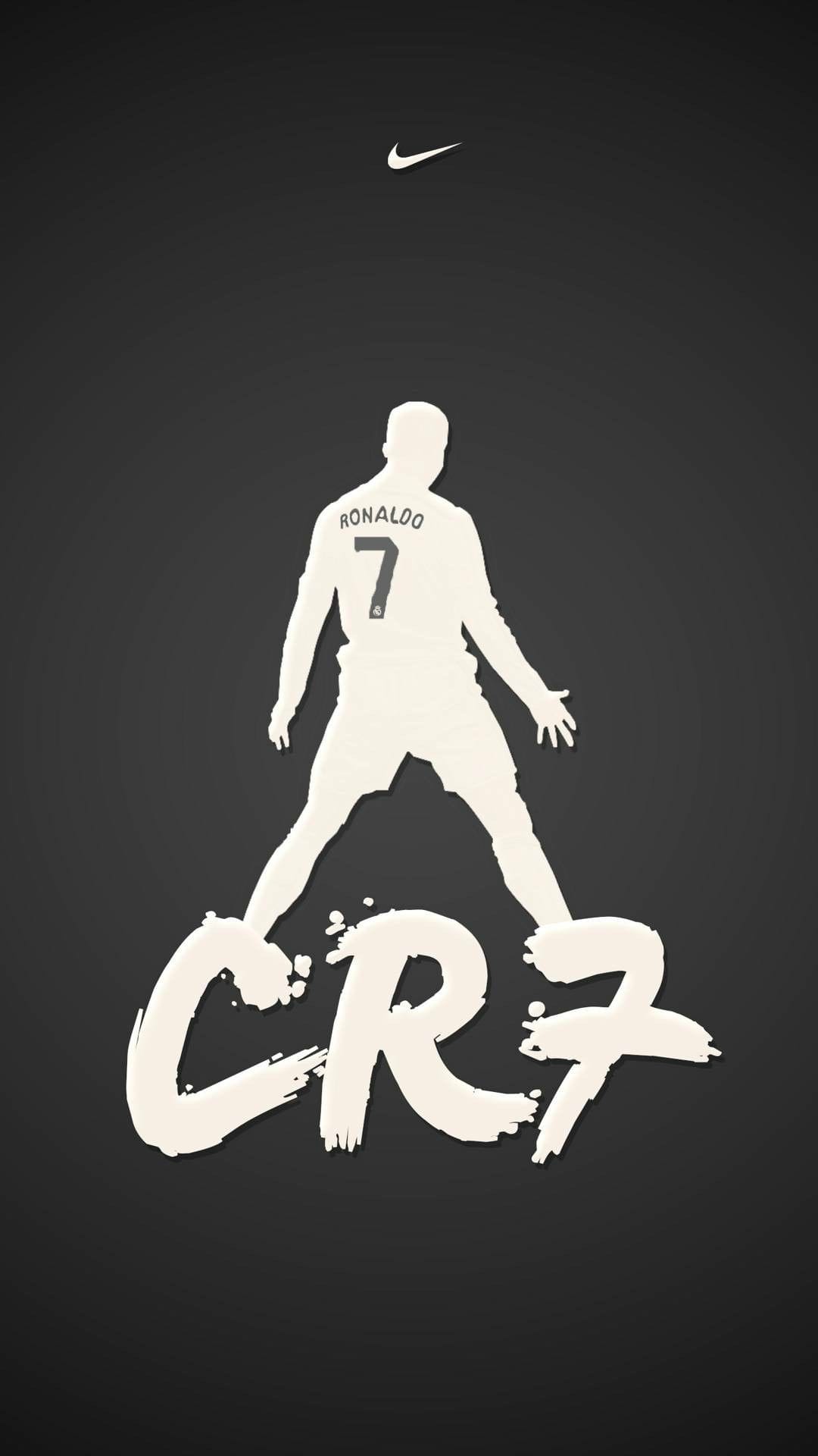 Cristiano Ronaldo silhouette in a dynamic sports pose with CR7 text and a Nike logo on a dark background.