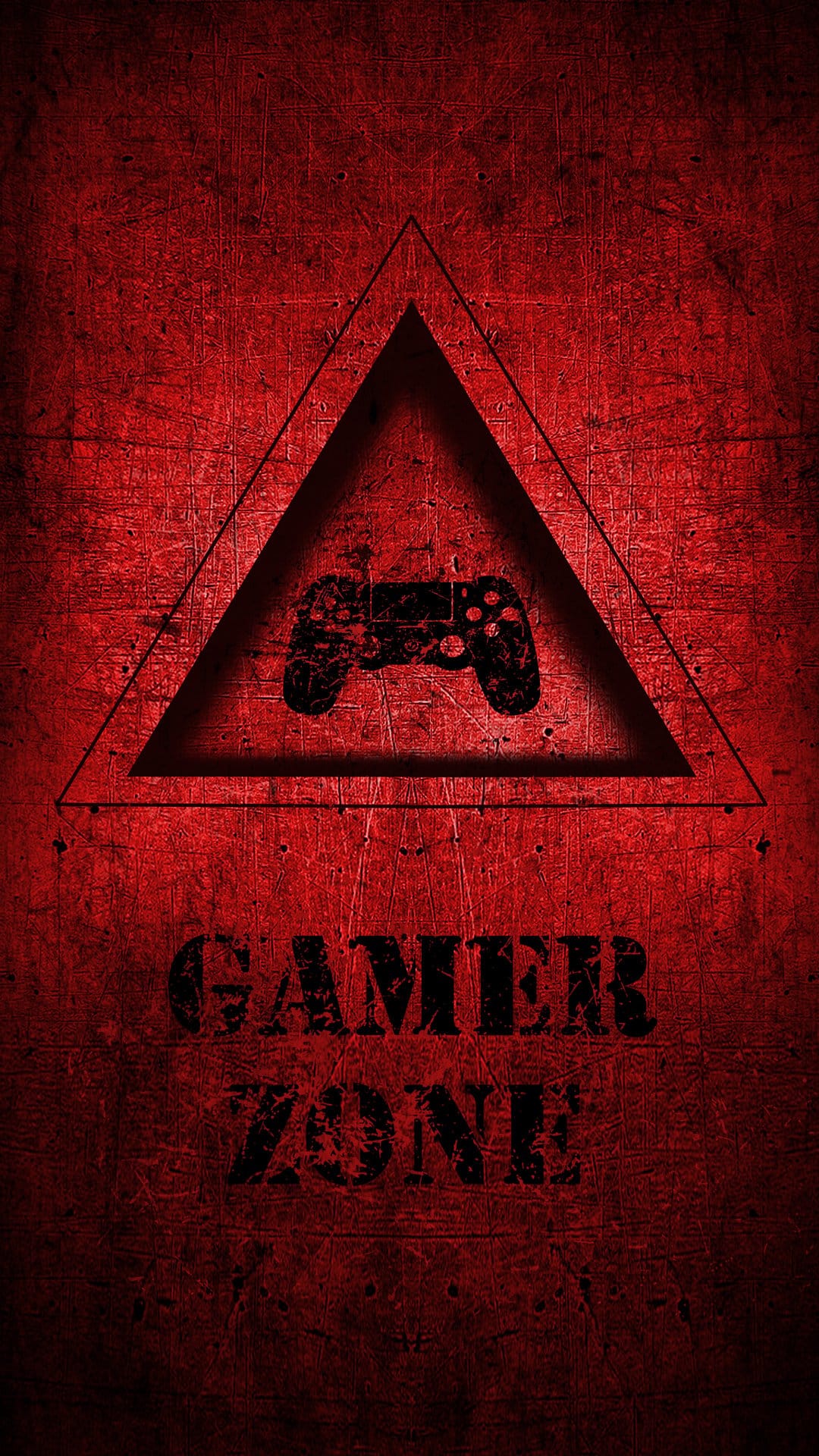 Red warning triangle containing a black video game controller silhouette and gamer zone text on a textured base.