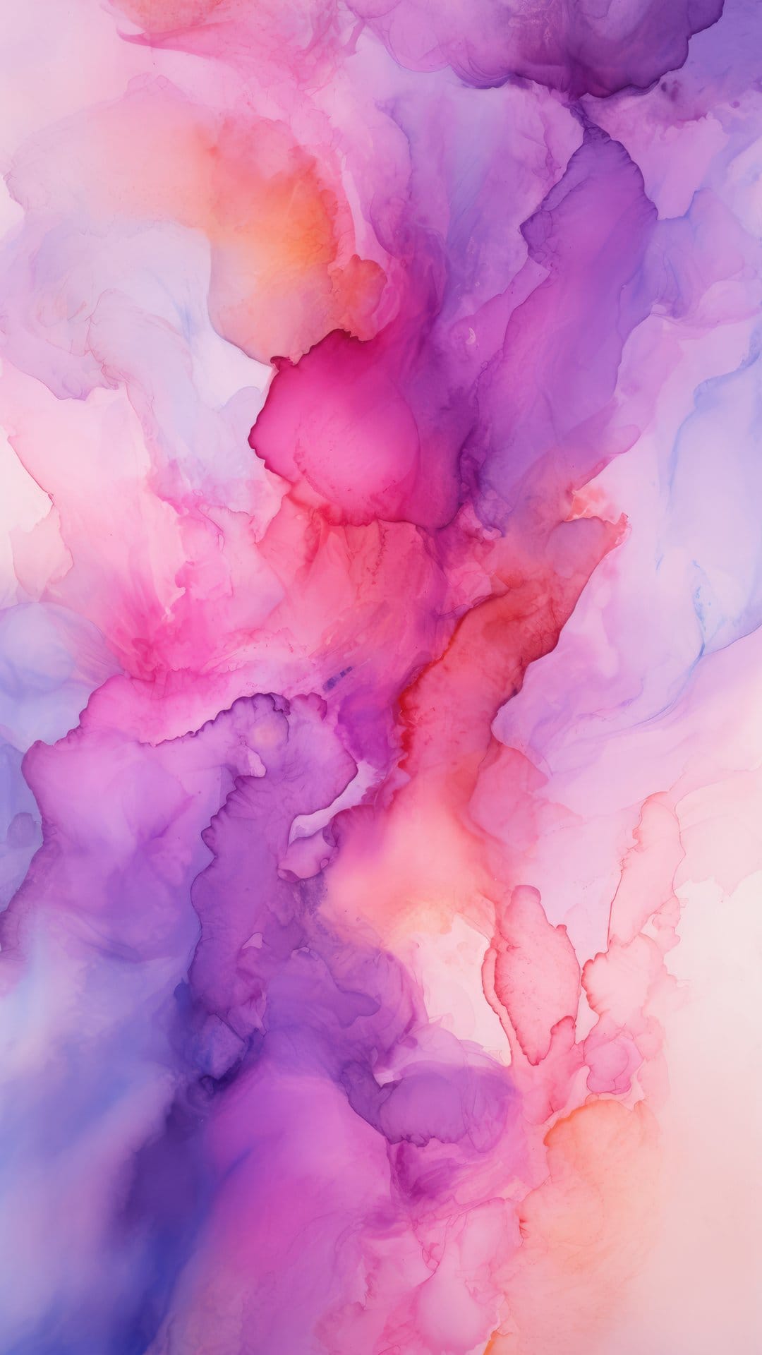 Overlapping pink and violet organic shapes flow into orange gradients with soft, translucent feathered edges.