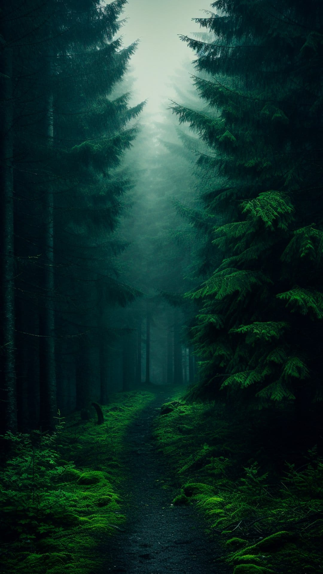 Narrow dirt path winding through foggy evergreen trees with lush green moss covering the damp forest floor.