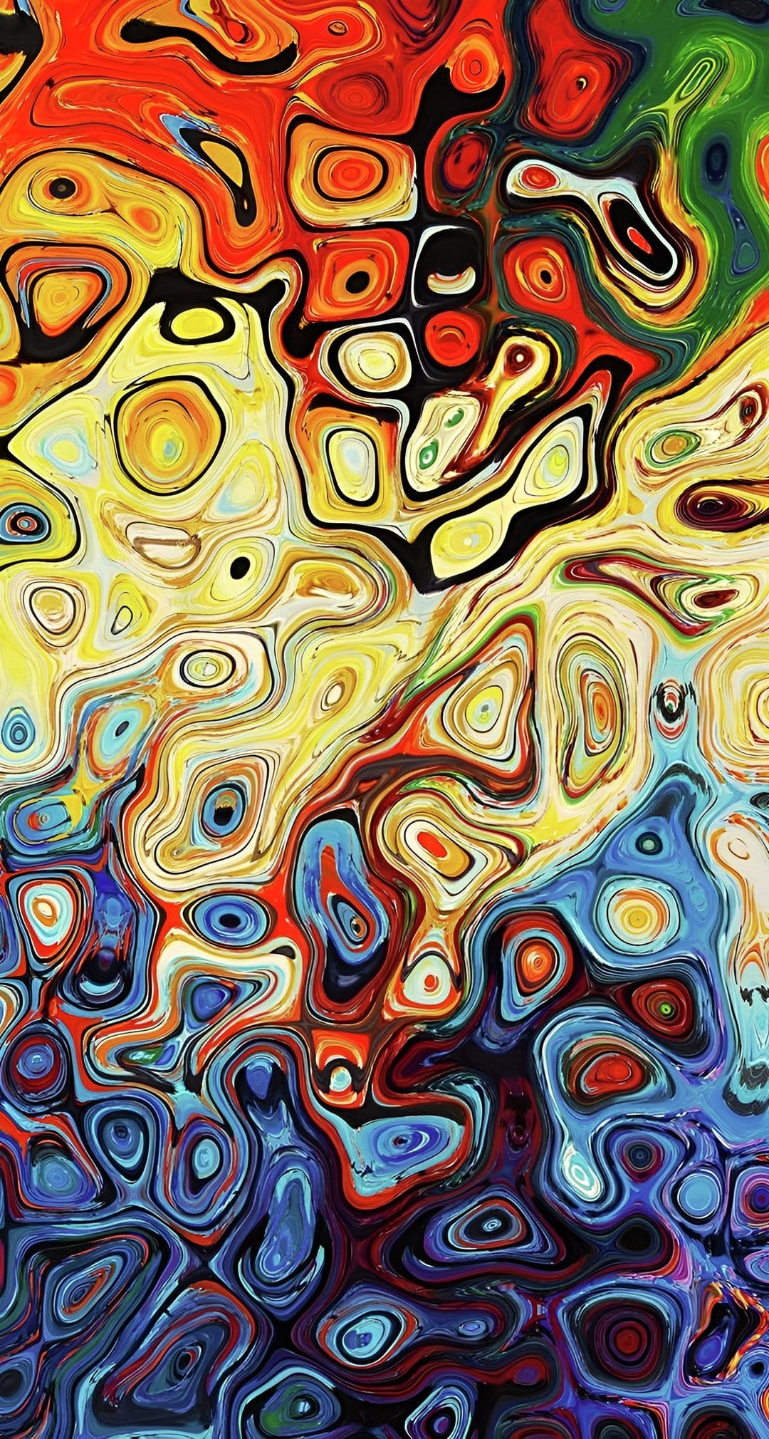 Prismatic liquid waves in shades of orange, green, and blue swirl together in a high-contrast fluid pattern.