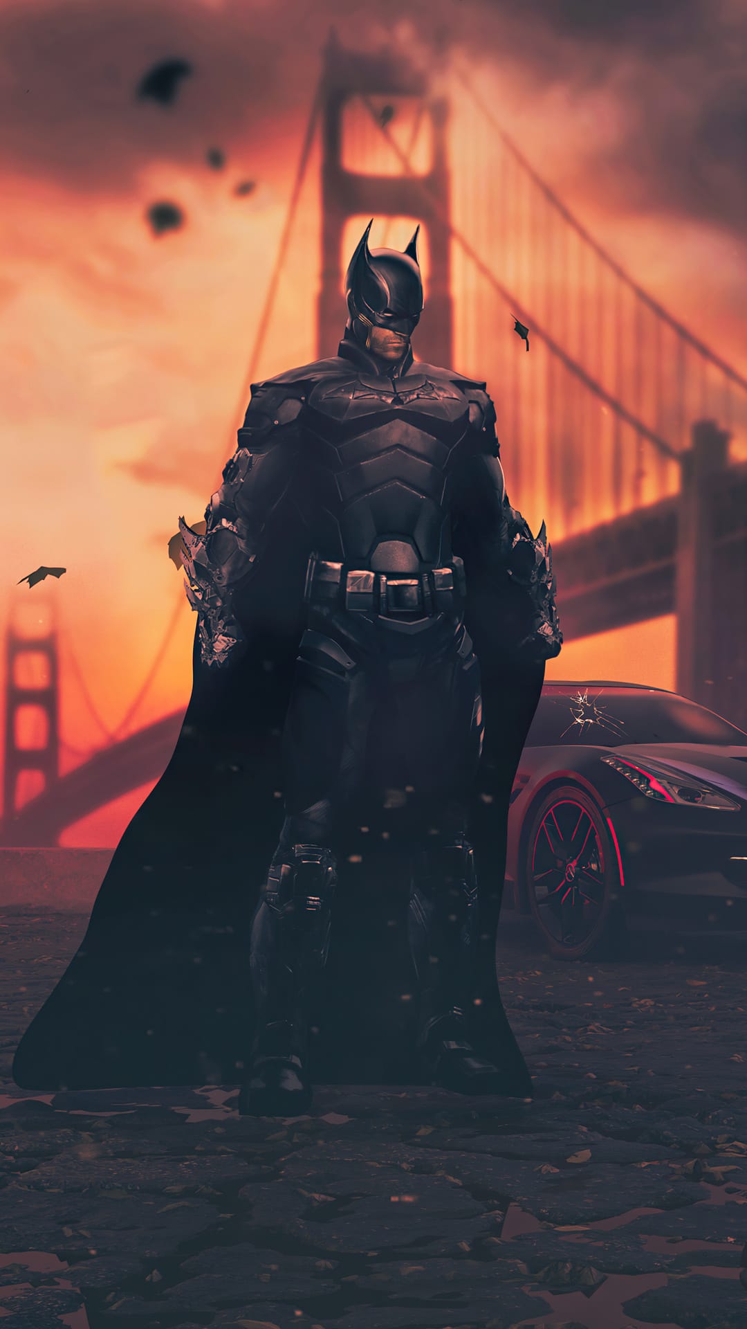 Batman in armor stands by a dark supercar with the Golden Gate Bridge and a fiery sunset in the background.