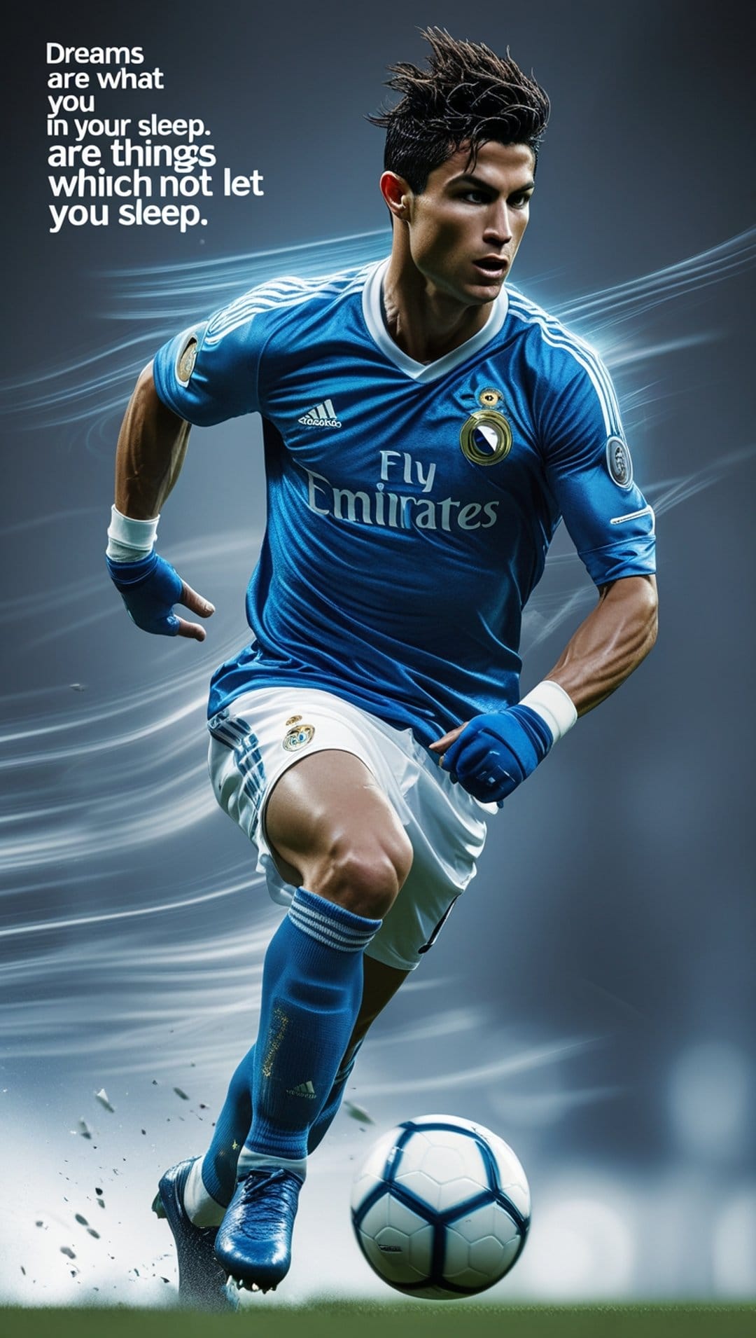 Cristiano Ronaldo wears a white jersey and gazes forward intensely against a dark, textured quote backdrop.