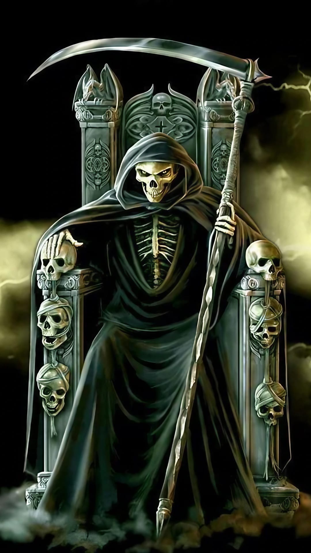Grim Reaper seated on a throne of skulls holding a scythe as lightning flashes in a dark, stormy sky.