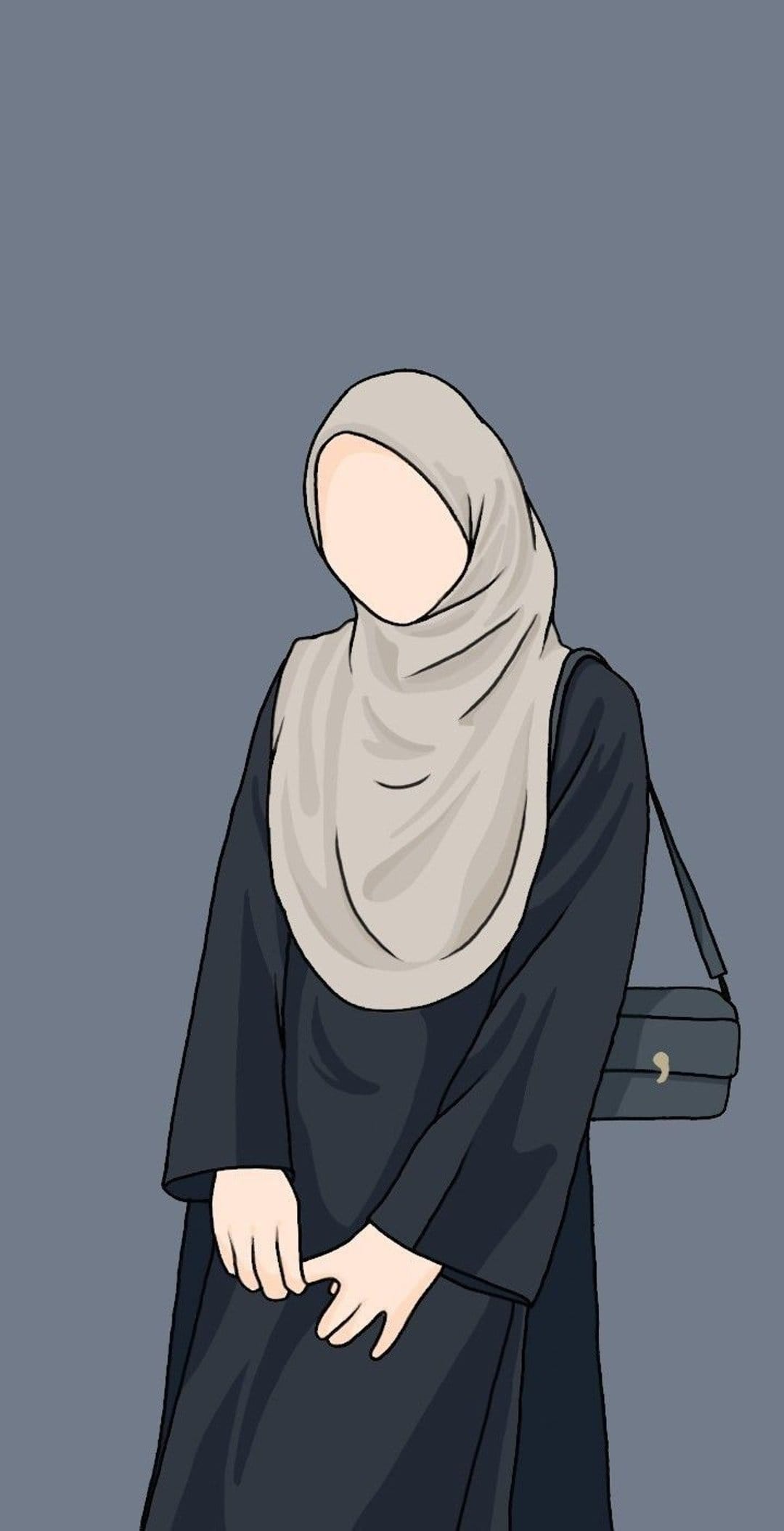 Muslim woman in a beige hijab and black abaya holds a dark gray handbag against a solid muted gray backdrop.