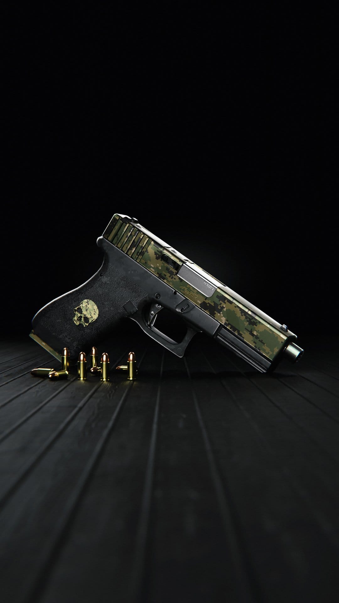 Tactical pistol with digital camouflage and skull grip emblem lying on dark wood next to brass ammunition rounds.