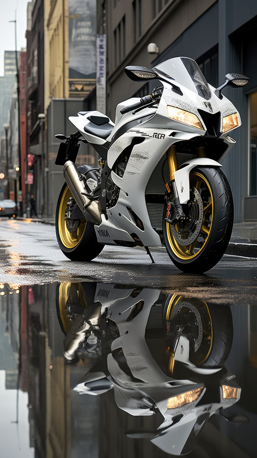 White Yamaha sportbike with gold wheels parked on a wet street at night reflecting in a large puddle.