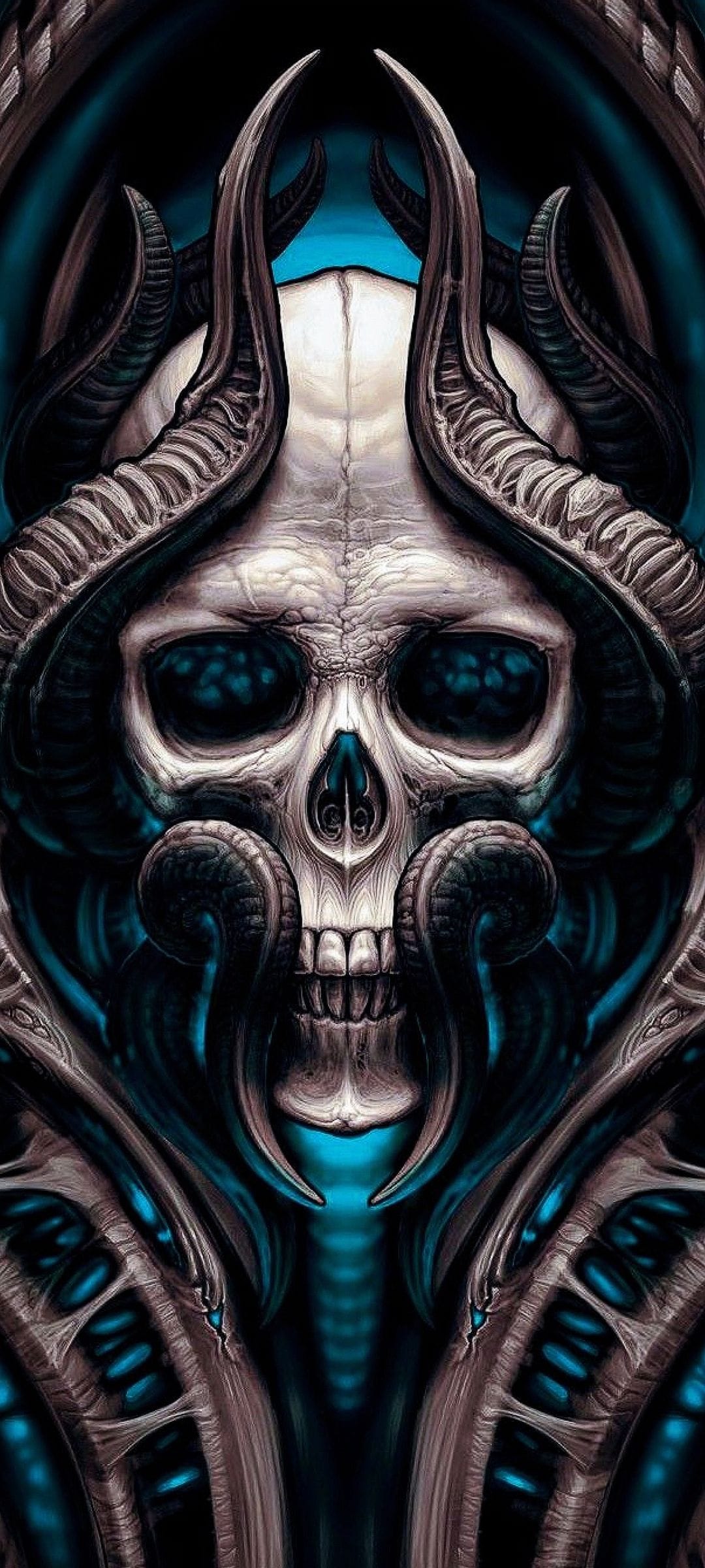 Demonic skull with curved biomechanical horns and glowing blue eyes against a luminous azure background.