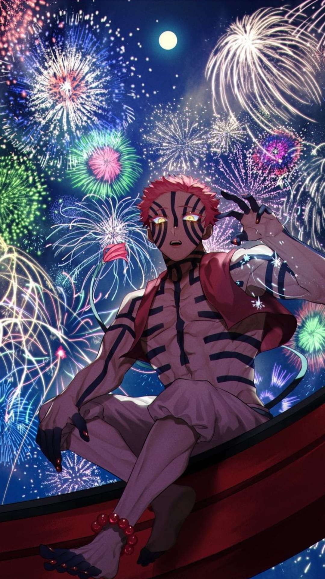Akaza from Demon Slayer sits before vibrant fireworks and a glowing moon with a solemn, haunting expression.