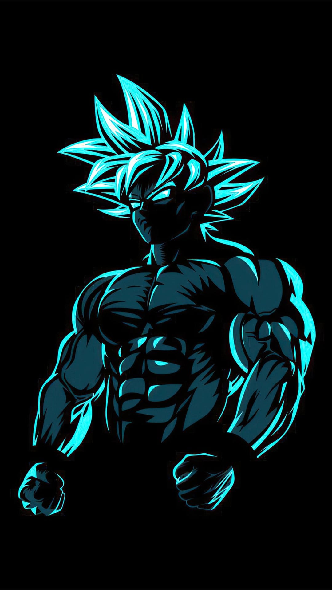 Goku stands in a combat pose outlined by glowing cyan neon lines against a solid dark black background.