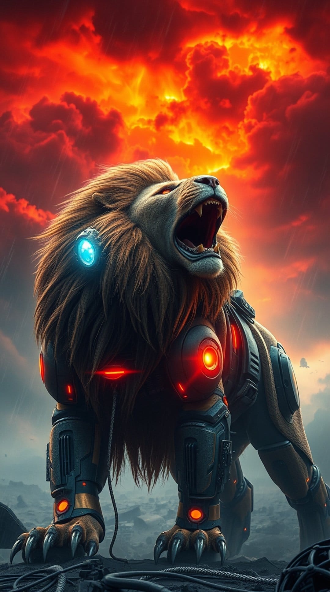 Cybernetic lion with glowing blue circuits roars on rocky ground under a dark red sky with thick storm clouds.