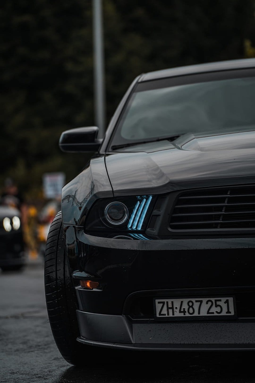 Ford Mustang front bumper and blue LED headlights reflecting on wet asphalt during a moody night scene.