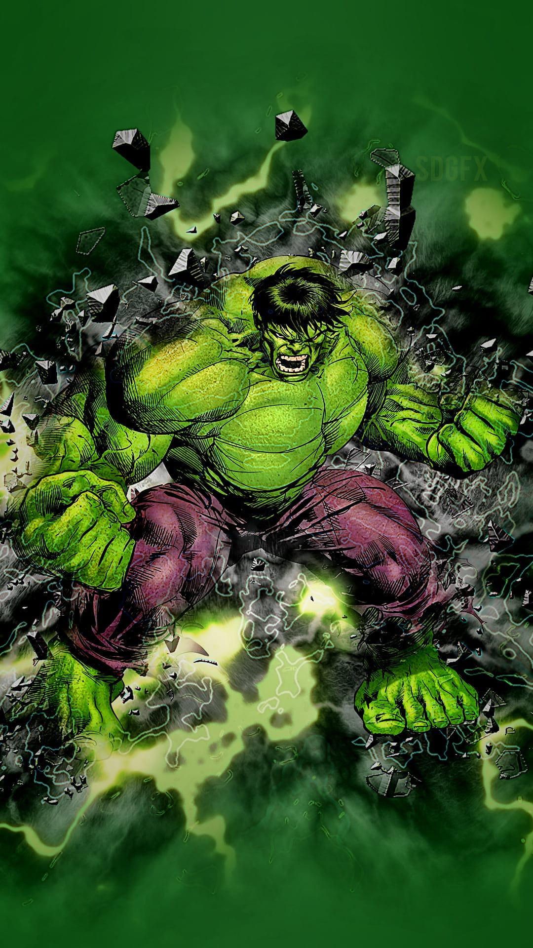 The Hulk surges forward through exploding concrete fragments and glowing green energy with a furious expression.