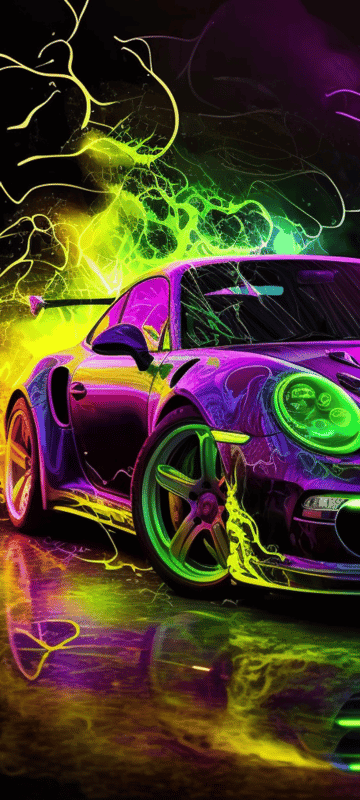 car,neon,glow,stripes,green,purple