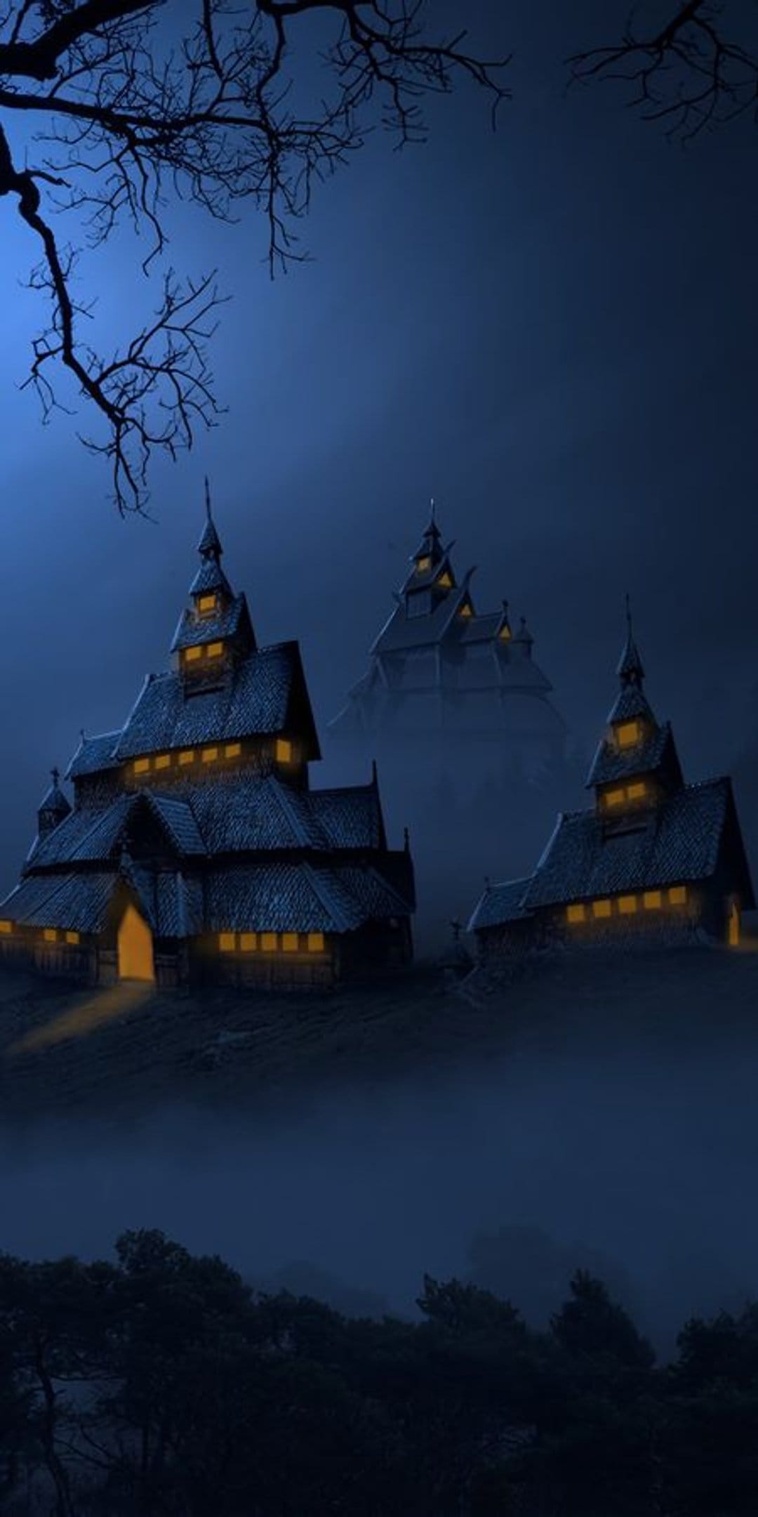 Multi-tiered wooden temples emerge from thick blue mist with glowing amber windows and a gnarled tree branch.