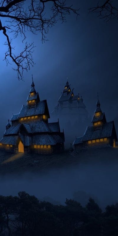 Mystery, Fog, Ancient, Architecture, Eerie, Dark, Village, Spooky, Castle, Night, Blue, Atmospheric, Glowing Windows, Fantasy, Historical, Silhouette, Haunted, Mystical, Landscape, Creepy