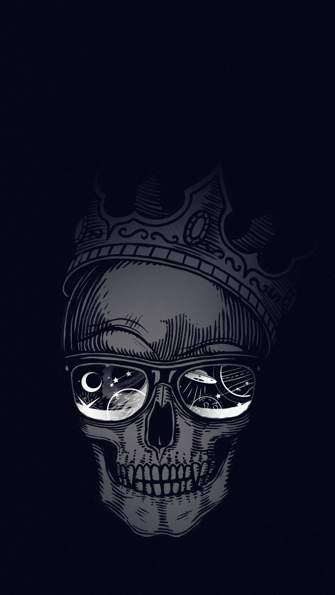 Skeletal king wearing a crown and glasses reflecting a moon, UFO, and planets against a dark cosmic backdrop.