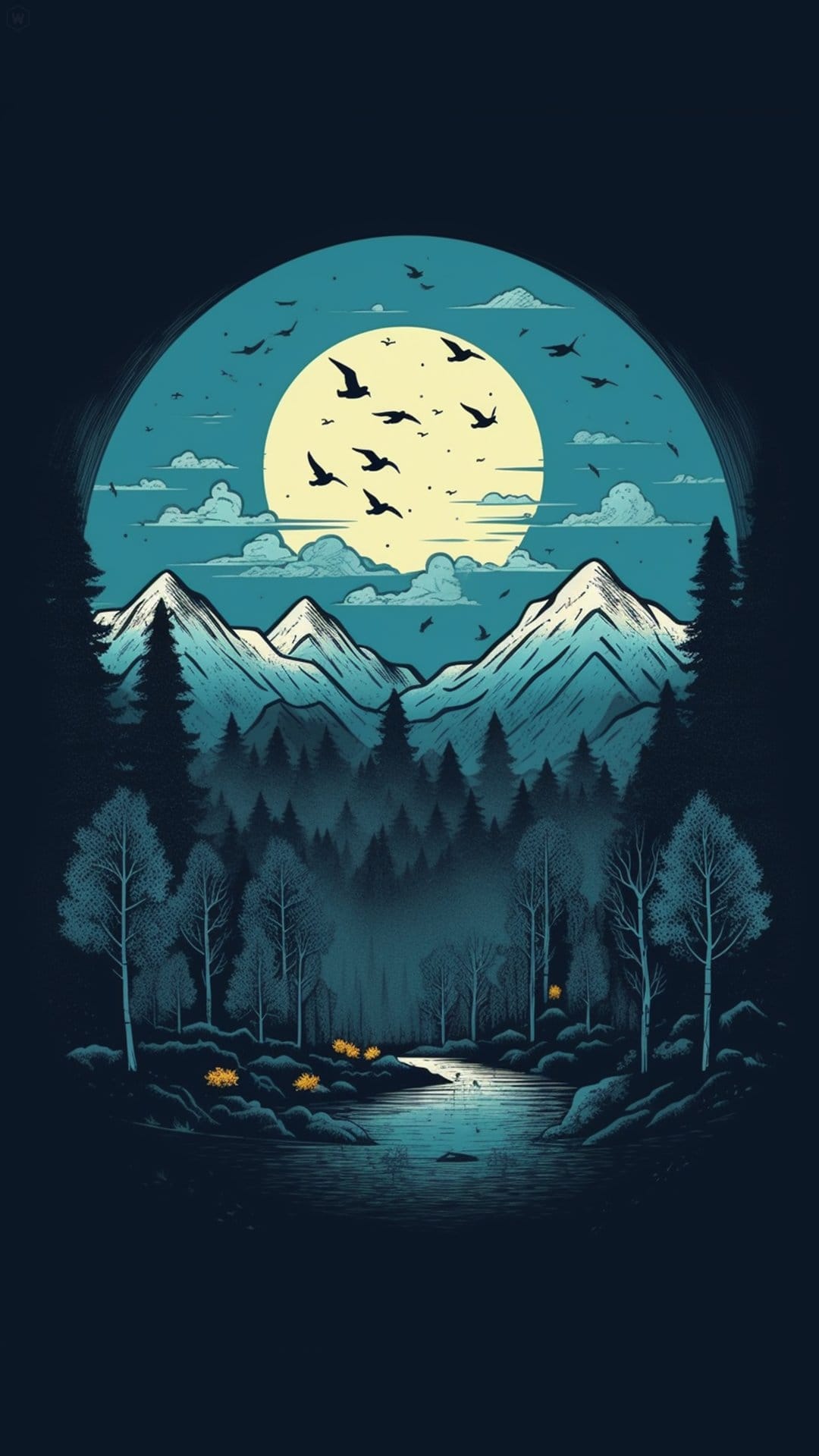 Luminous full moon shines over dark silhouetted trees, a winding river, and distant snow-capped mountains at night.