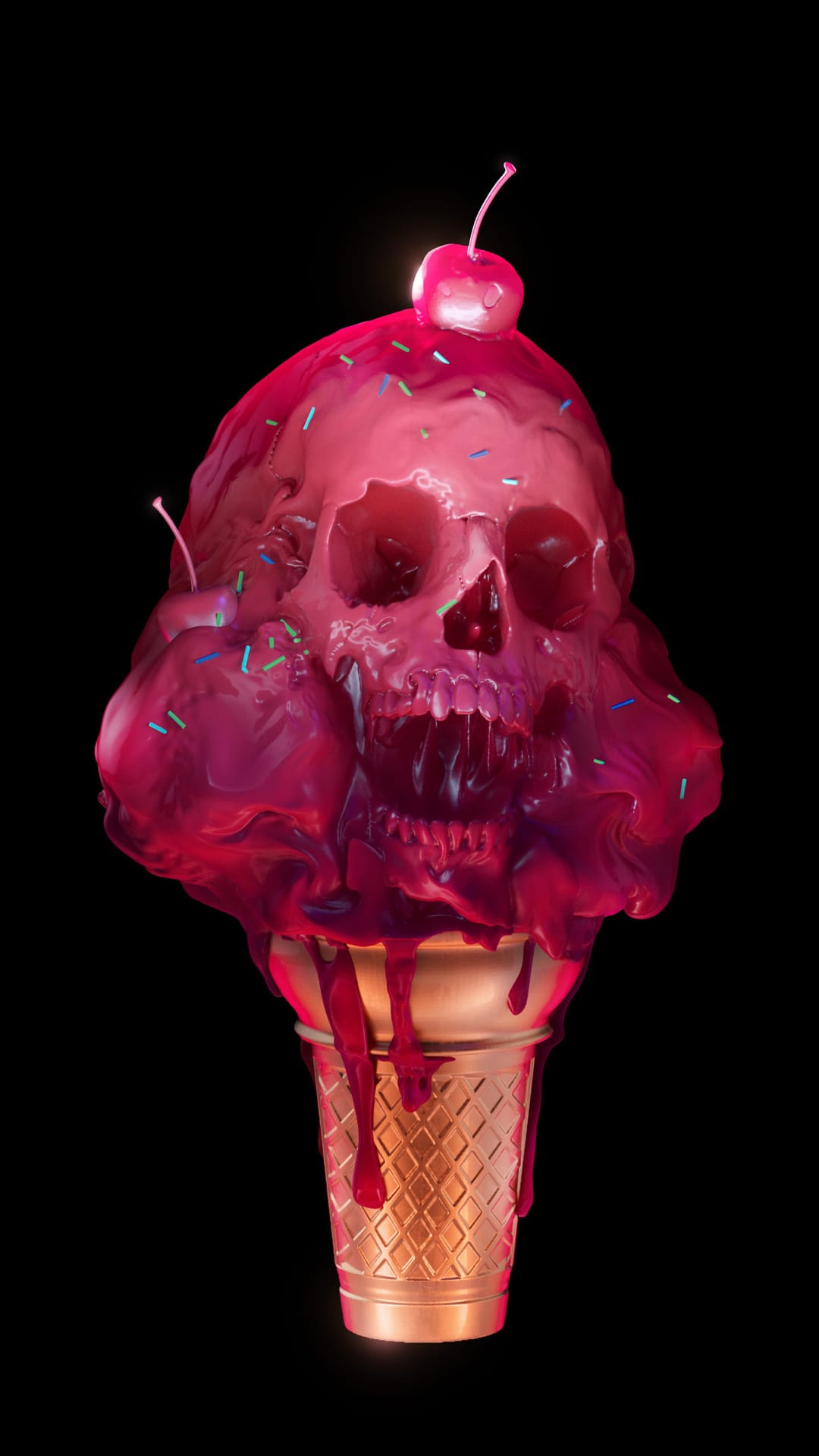 Human skull ice cream scoop with pink frosting, sprinkles, and a cherry on a waffle cone with dripping glaze.