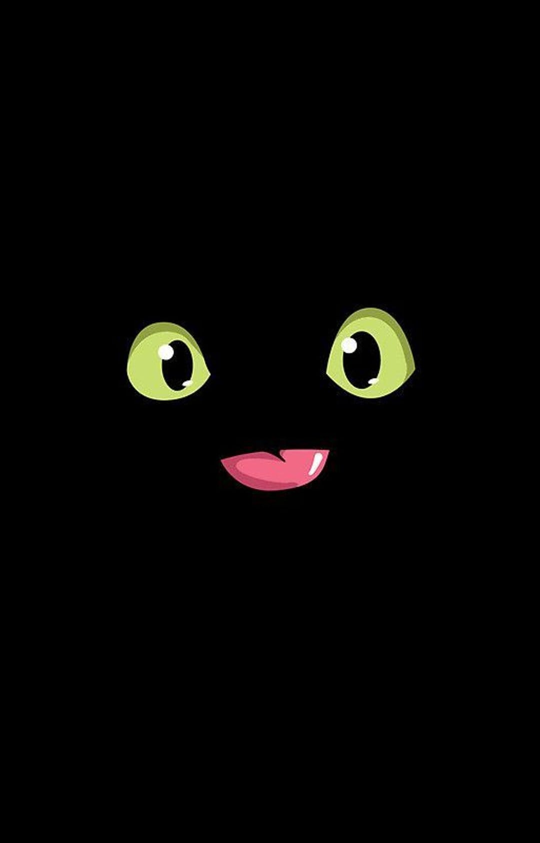 Glowing green eyes and a small pink tongue peek from a solid black background in a minimalist style.